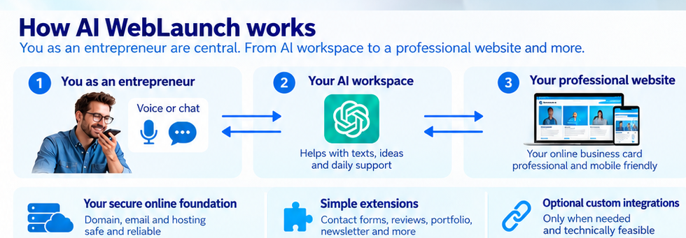 How AI WebLaunch works: the entrepreneur interacts with an AI workspace, which helps manage a professional website, supported by secure hosting and optional extensions.