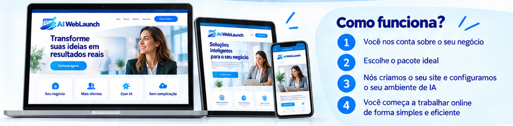 Como funciona o AI WebLaunch: apresentação de sites em diferentes dispositivos e as quatro etapas para criar e utilizar seu ambiente digital.
