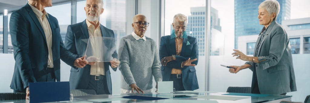 Illustrative multidisciplinary professionals collaborating in an Agile AI transformation workshop