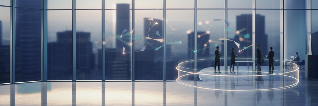 Illustrative secure workspace showing human oversight and interconnected AI systems