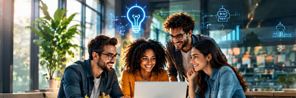 AI innovation team collaborating in modern office