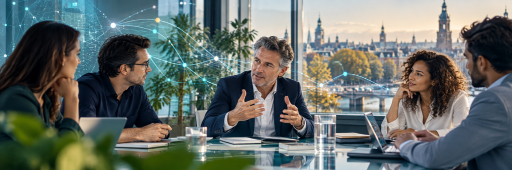AI-generated illustrative scene of business leaders collaborating on AI transformation and organisational change
